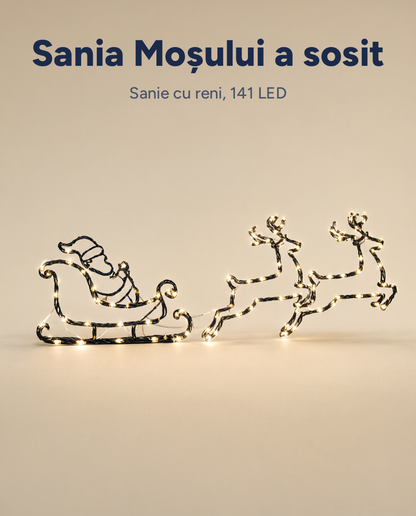 Set decorațiuni luminoase sanie cu reni, 141 LED, alb cald, 8 funcții, pe baterii