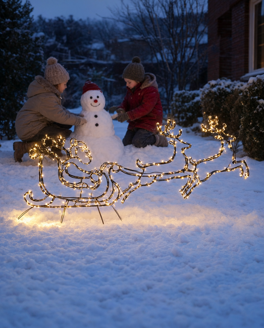 Set decorațiuni luminoase sanie cu reni, 141 LED, alb cald, 8 funcții, pe baterii