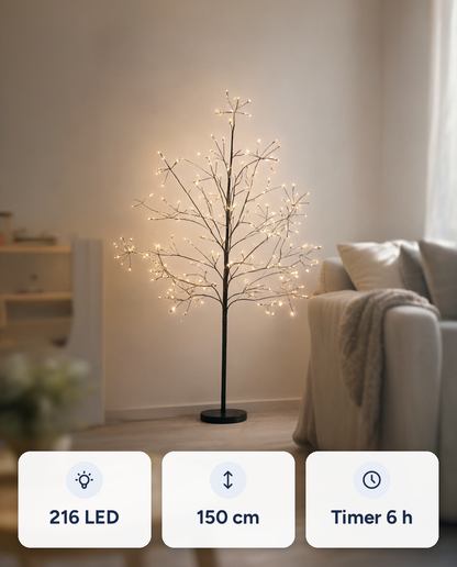 Copac decorativ cu LED, 216 LED, alb cald, 150 cm, timer