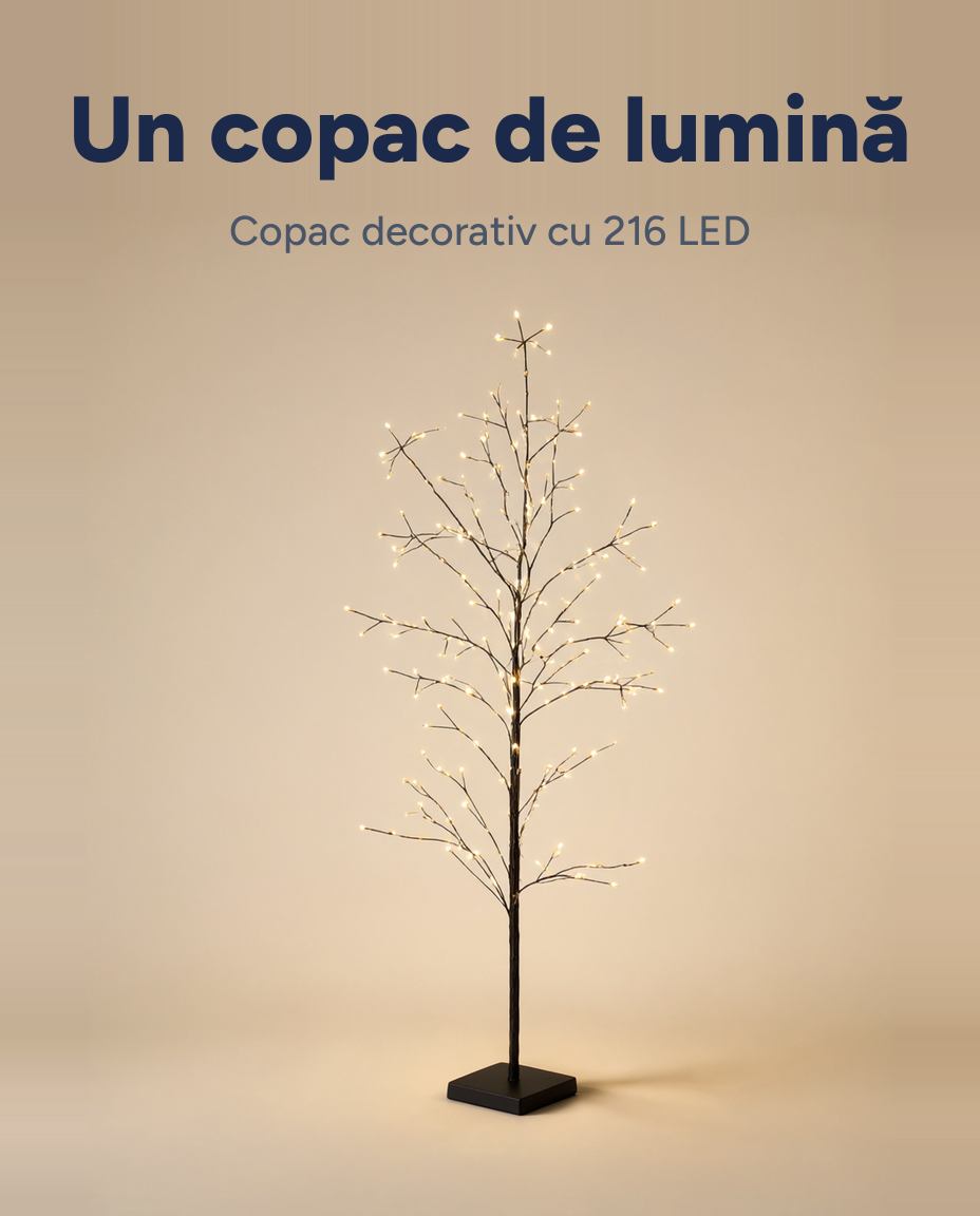 Copac decorativ cu LED, 216 LED, alb cald, 150 cm, timer