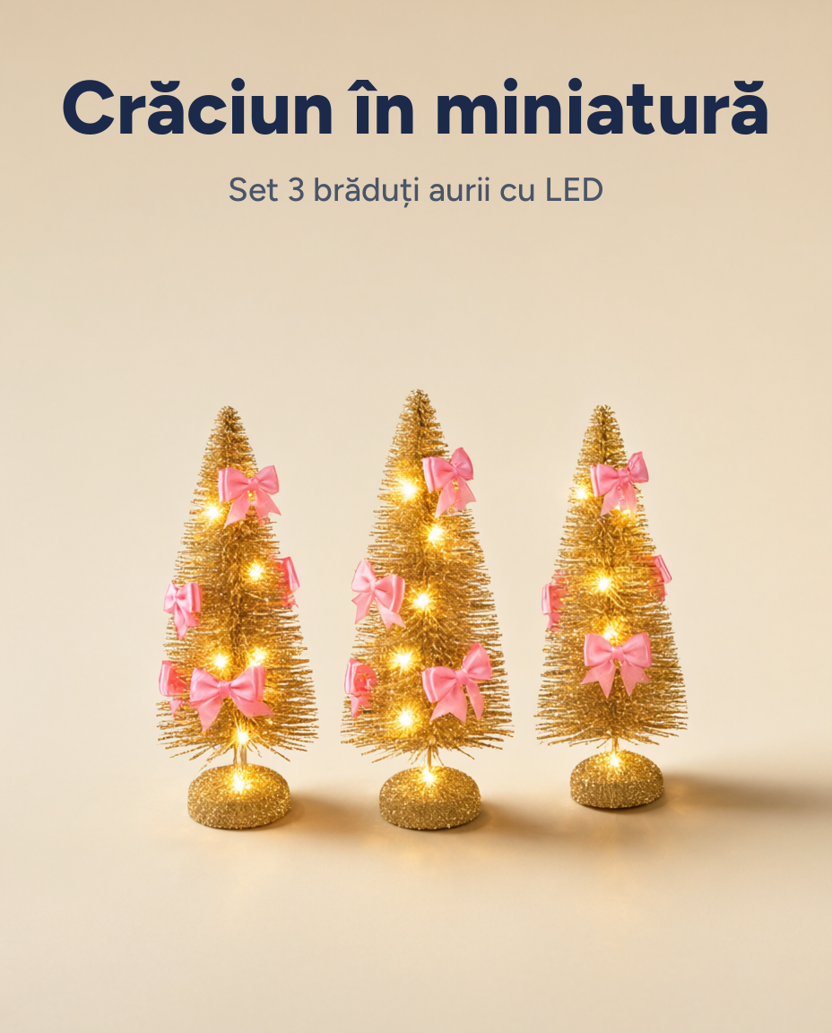 Set 3 brăduți decorativi cu LED, cu fundițe, pe baterii
