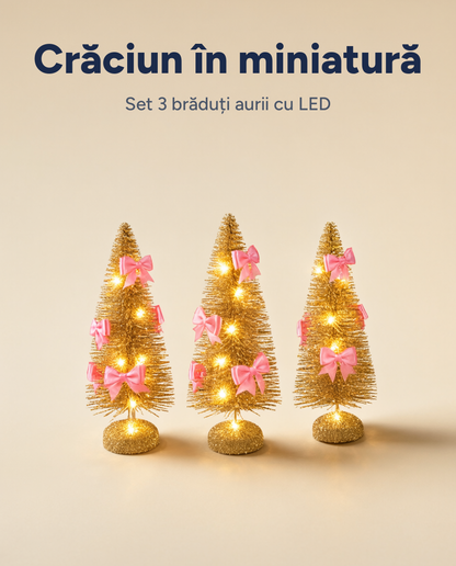 Set 3 brăduți decorativi cu LED, cu fundițe, pe baterii