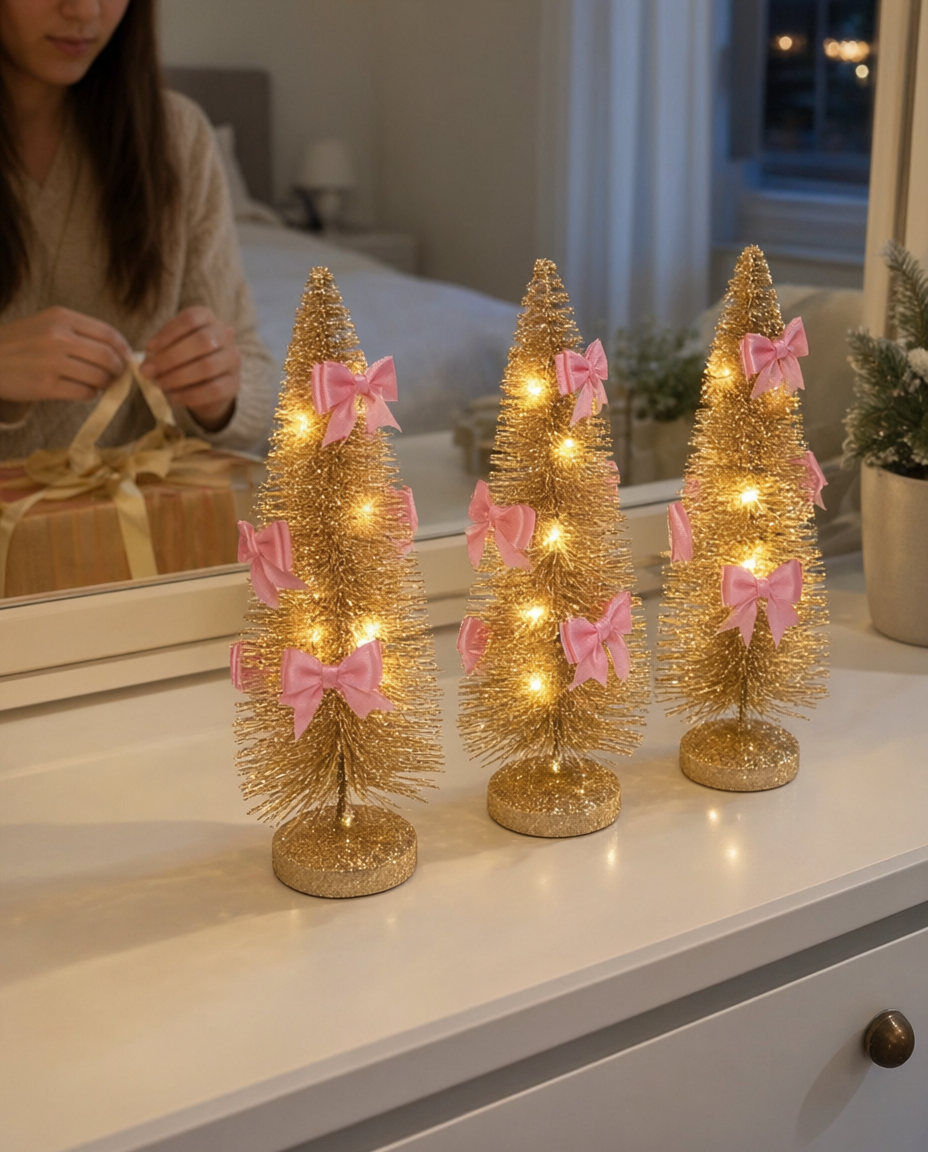Set 3 brăduți decorativi cu LED, cu fundițe, pe baterii