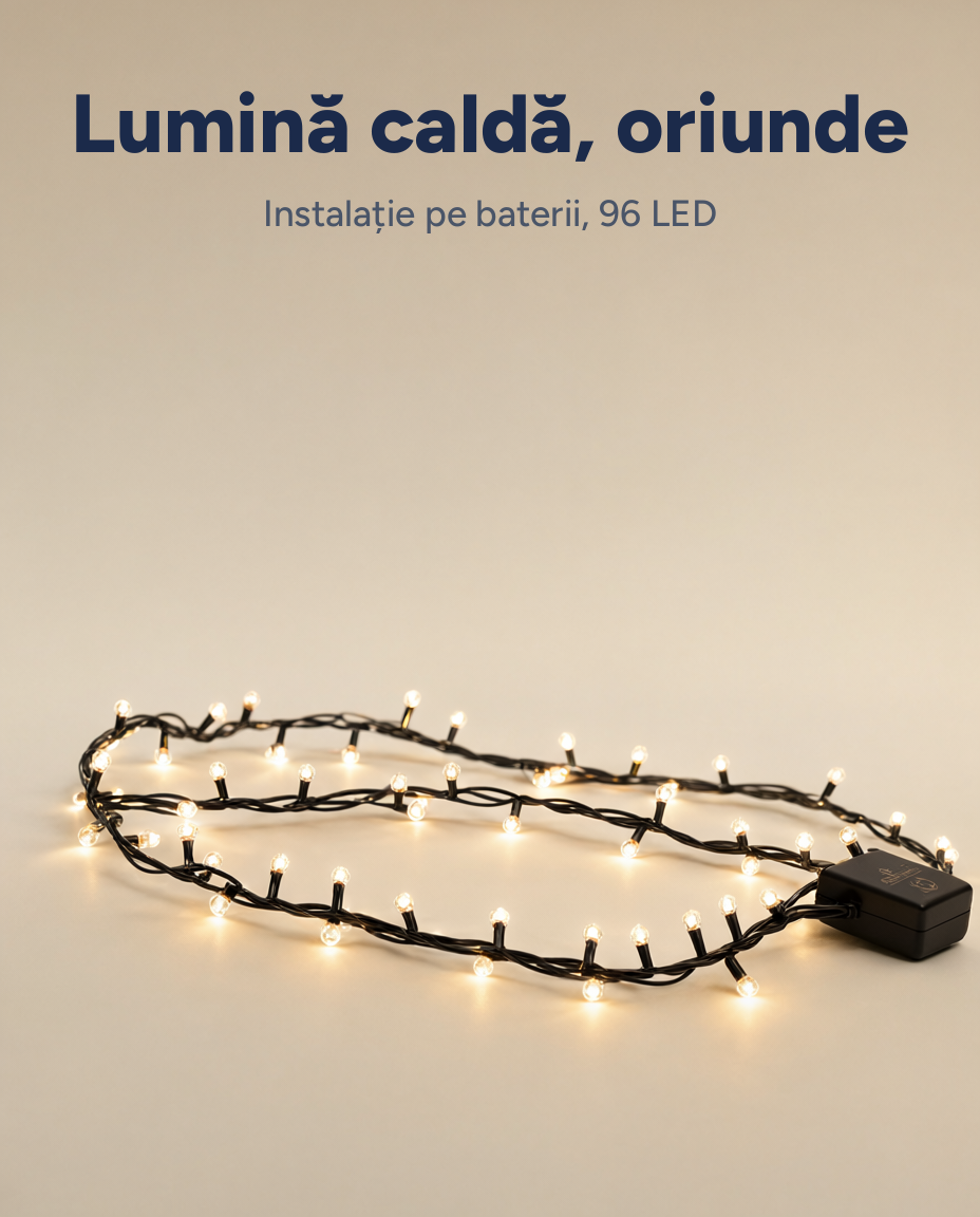 Instalație LED 96 LED, alb cald, 7,1 m, 8 funcții, timer, pe baterii