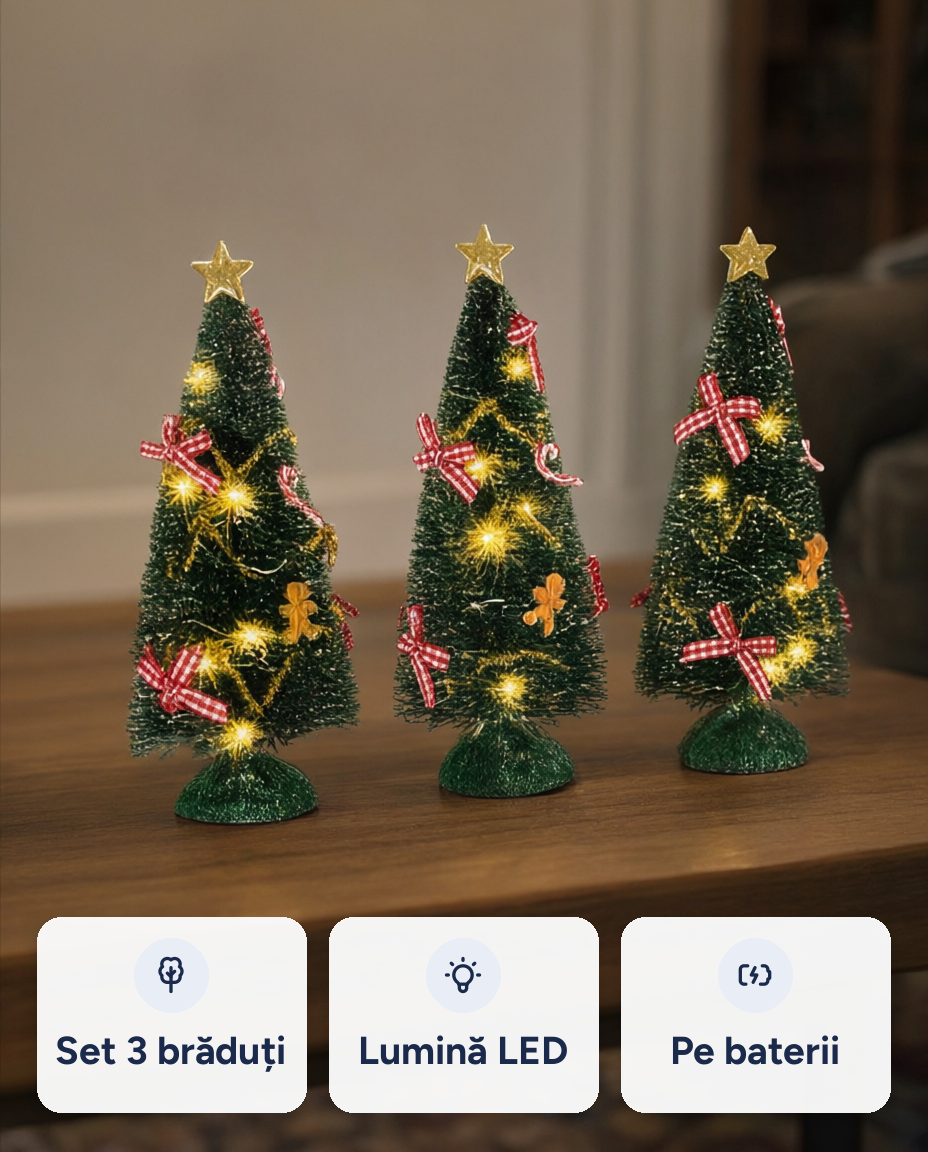 Set 3 brăduți decorativi cu LED, cu fundițe, pe baterii