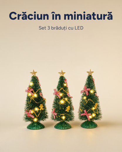 Set 3 brăduți decorativi cu LED, cu fundițe, pe baterii