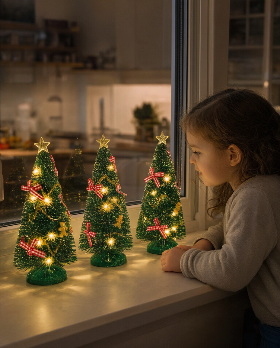 Set 3 brăduți decorativi cu LED, cu fundițe, pe baterii