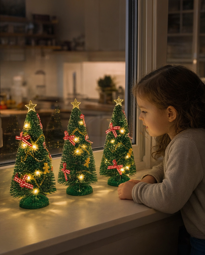 Set 3 brăduți decorativi cu LED, cu fundițe, pe baterii