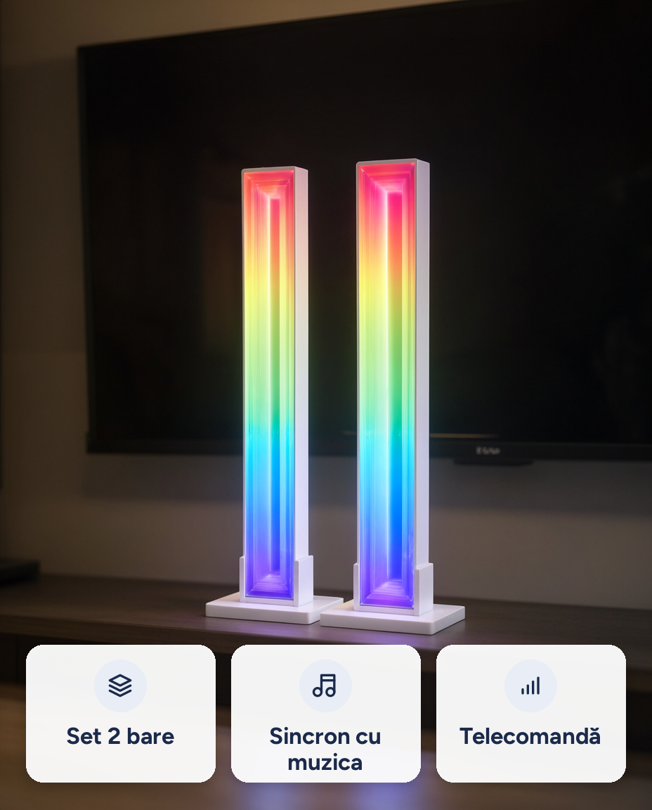 Set 2 bare de lumină LED RGB Tunnelvision, sincronizare muzică, telecomandă