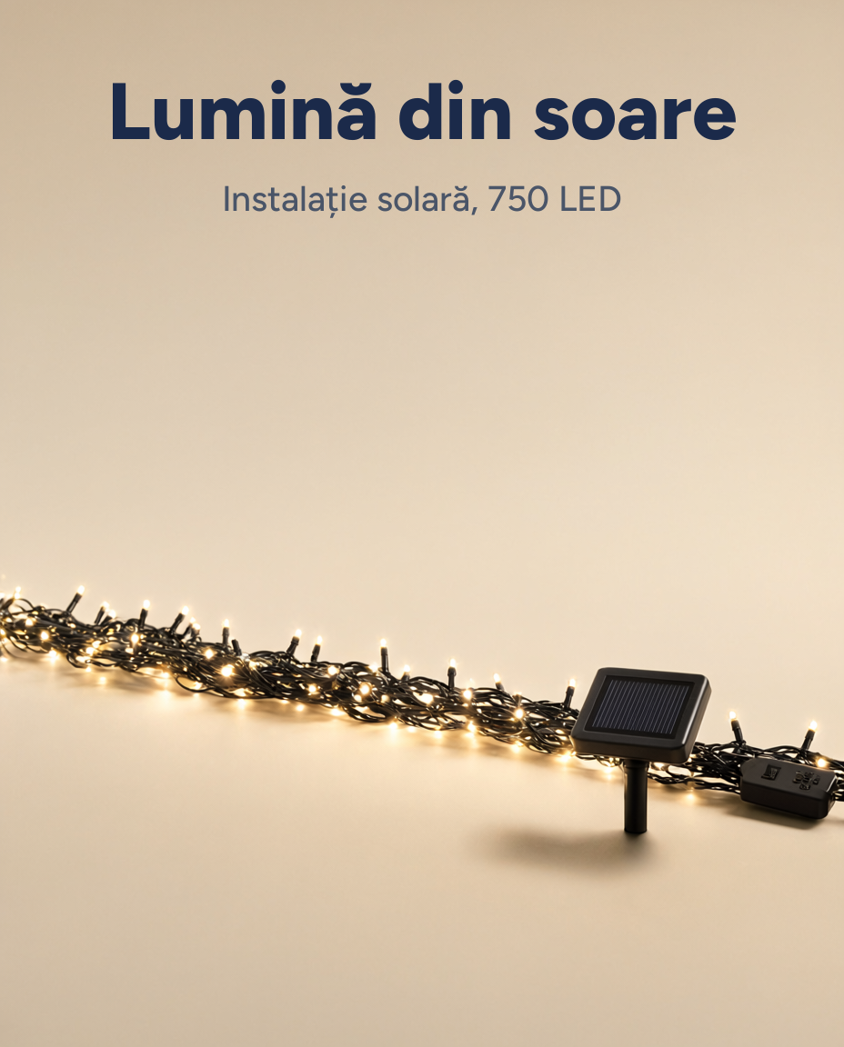 Instalație LED solară 750 LED, alb cald, 8 funcții, timer, exterior