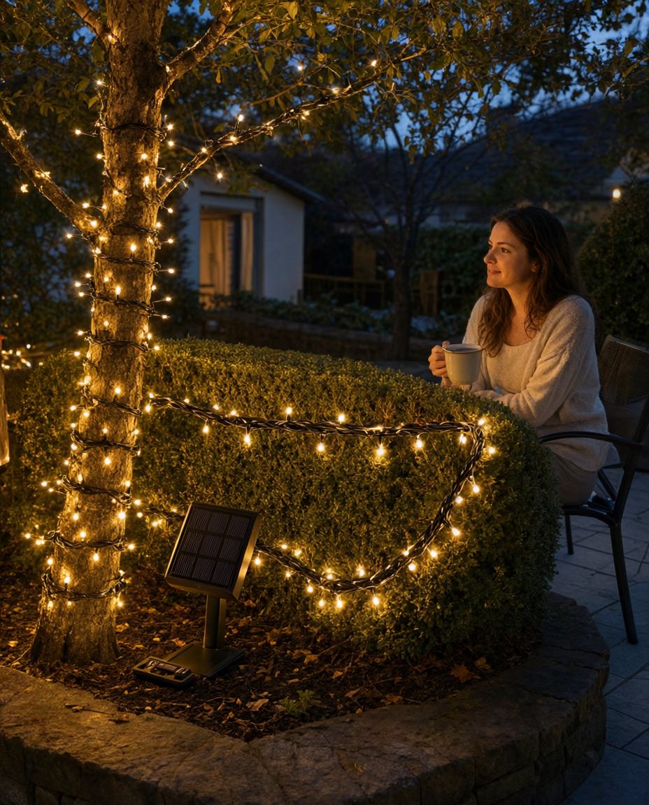 Instalație LED solară 750 LED, alb cald, 8 funcții, timer, exterior