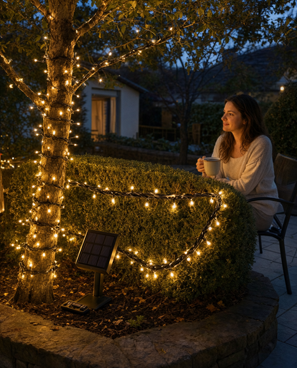 Instalație LED solară 750 LED, alb cald, 8 funcții, timer, exterior