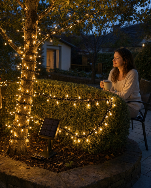Instalație LED solară 750 LED, alb cald, 8 funcții, timer, exterior